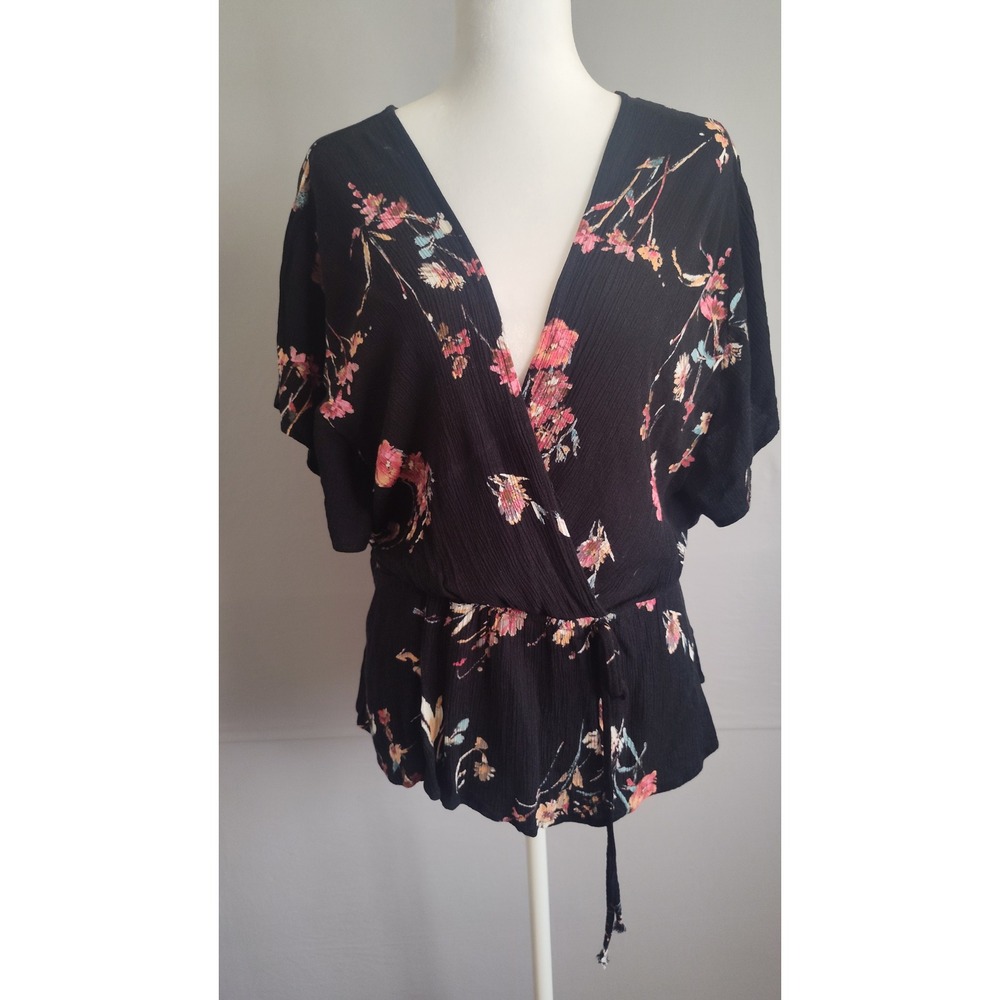 Wild Jasmine Women 3XL Black Floral Wrap Surplice V-Neck Short Sleeve Blouse Top